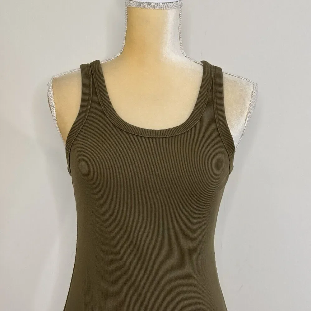 Everlane The Ribbed Tank Midi Dress Size XS Olive Green Organic Cotton Knit - Picture 4 of 13